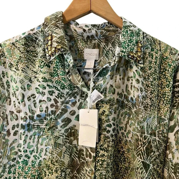 Chicos NWT Green Leopard Print Abstract Button Up Blouse Rhinestone Bling Collar - Picture 5 of 12
